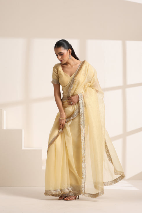 Yellow Silk Organza Saree with Crushed and Golden Lace Border