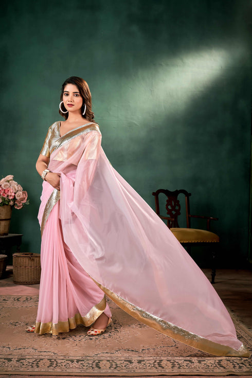 Pink Crystal orgenza saree With lampi border