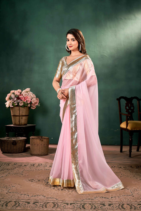 Pink Crystal orgenza saree With lampi border