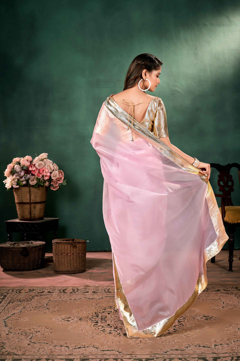 Pink Crystal orgenza saree With lampi border
