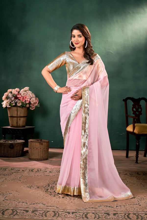 Pink Crystal orgenza saree With lampi border