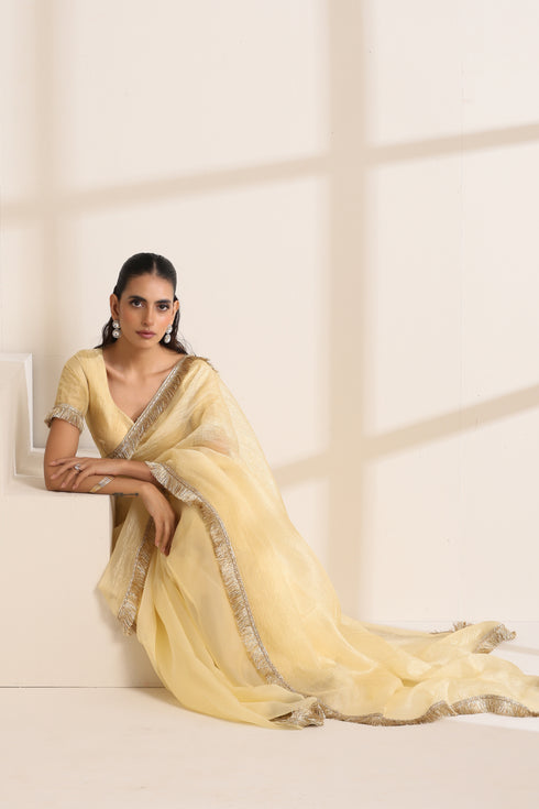 Yellow Silk Organza Saree with Crushed and Golden Lace Border