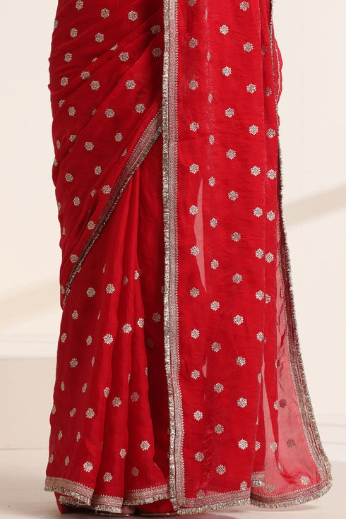 Red Pure Silk Saree with Embroidery and Golden Lace Border