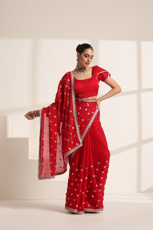 Red Pure Silk Saree with Embroidery and Golden Lace Border