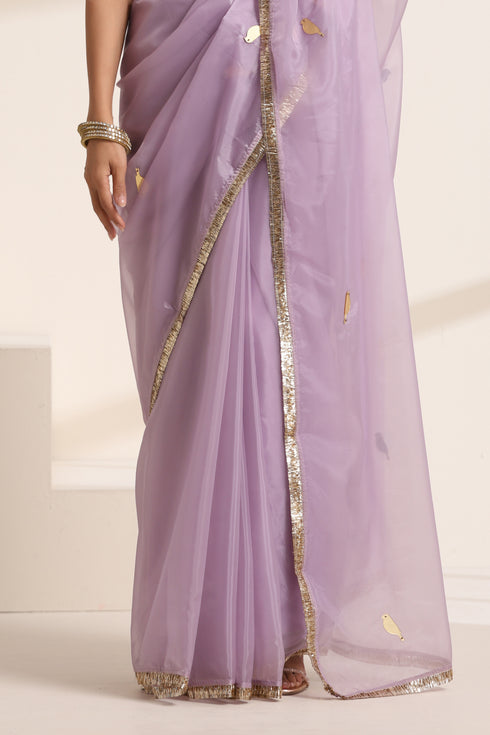 Purple Organza Saree with Acrylic Sapprow Golden Lampi Lace Border