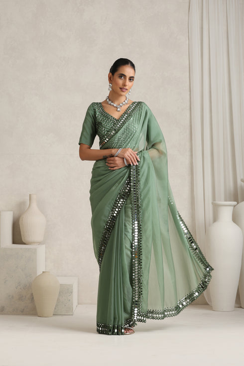Sage Green Mirror Handwork Saree with Mirrior work Silk Blouse