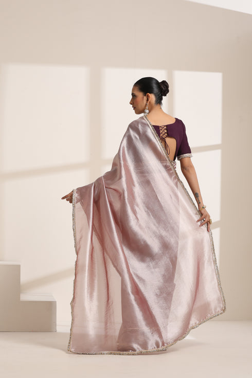 Rose Gold Silk Organza Saree with Lampi Lace Border