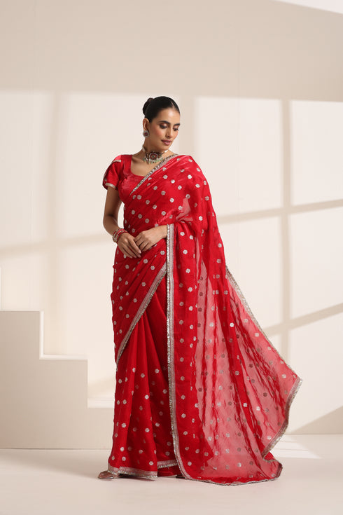 Red Pure Silk Saree with Embroidery and Golden Lace Border