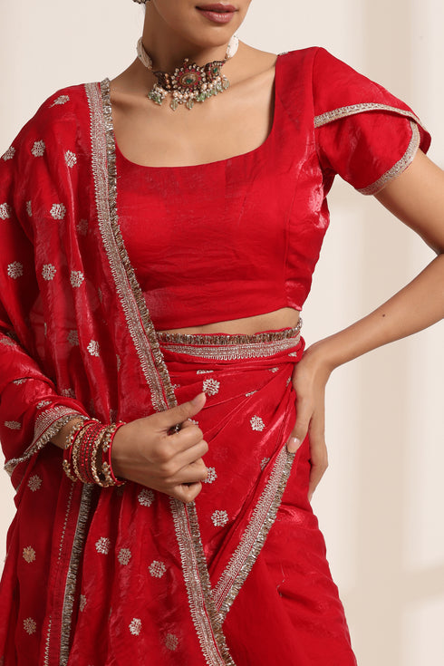 Red Pure Silk Saree with Embroidery and Golden Lace Border