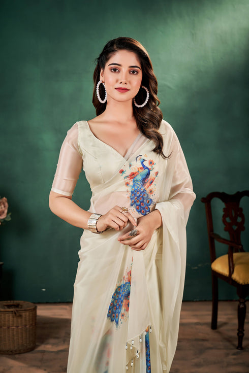Ivory color Pure silk Organza saree with Peacock Print