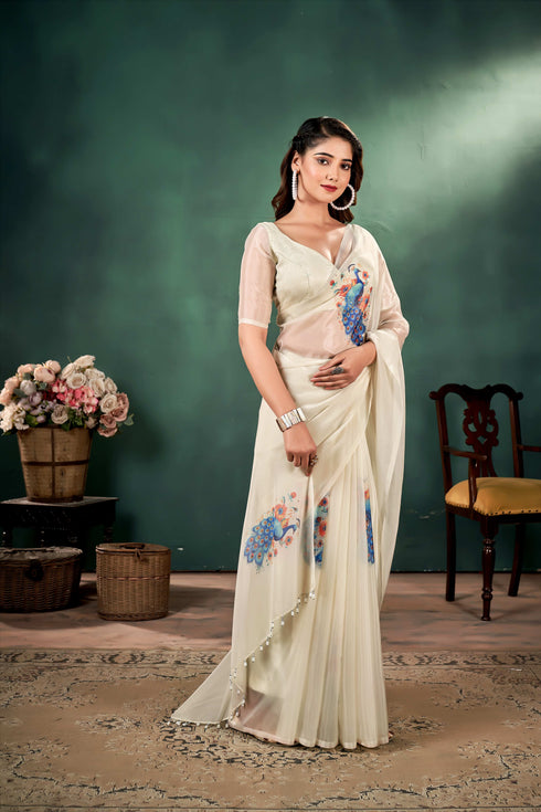 Ivory color Pure silk Organza saree with Peacock Print