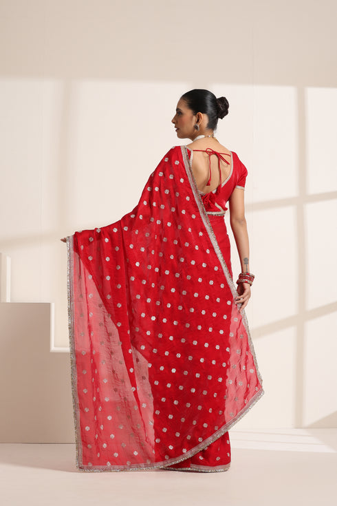 Red Pure Silk Saree with Embroidery and Golden Lace Border