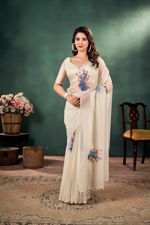 Ivory color Pure silk Organza saree with Peacock Print
