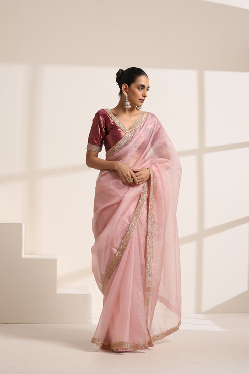 Baby Pink Crush Silk Saree with Golden Lace