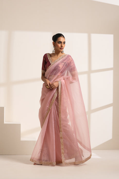 Baby Pink Crush Silk Saree with Golden Lace