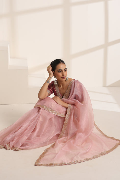 Baby Pink Crush Silk Saree with Golden Lace