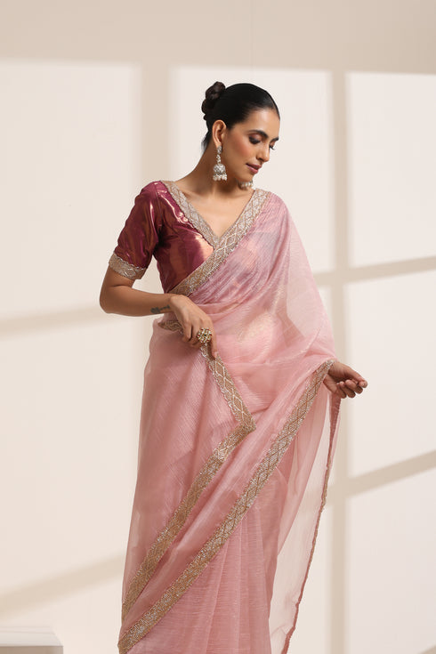 Baby Pink Crush Silk Saree with Golden Lace