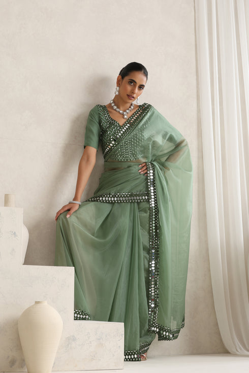 Sage Green Mirror Handwork Saree with Mirrior work Silk Blouse