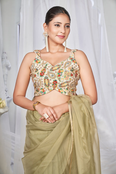 Yellow and Green Embroidered Blouse with Pendant Tie