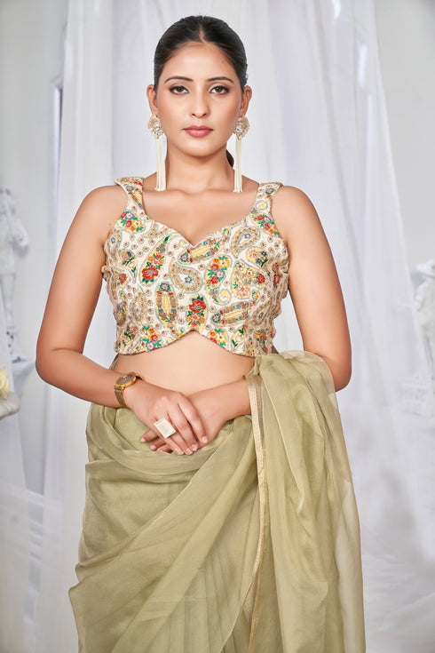 Yellow and Green Embroidered Blouse with Pendant Tie