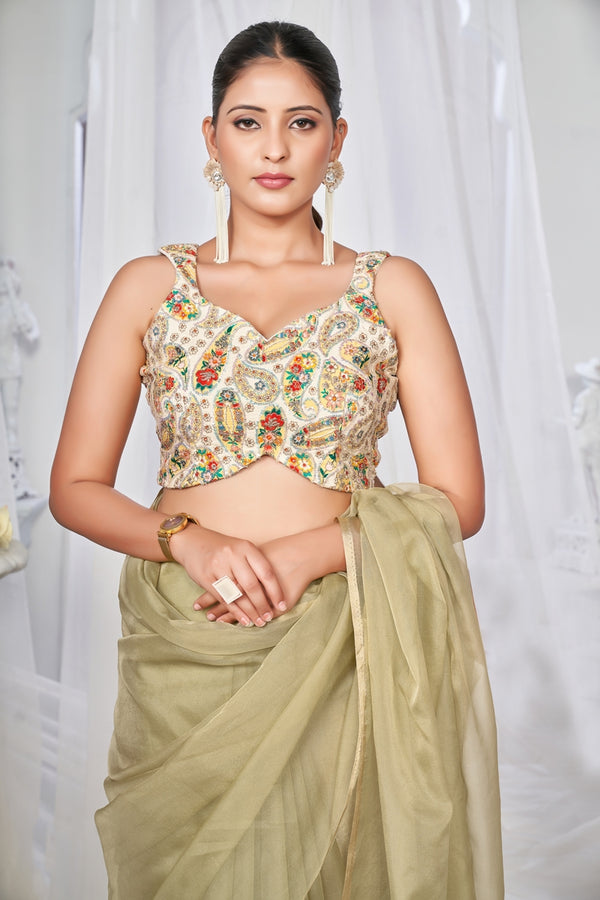 Yellow and Green Embroidered Blouse with Pendant Tie