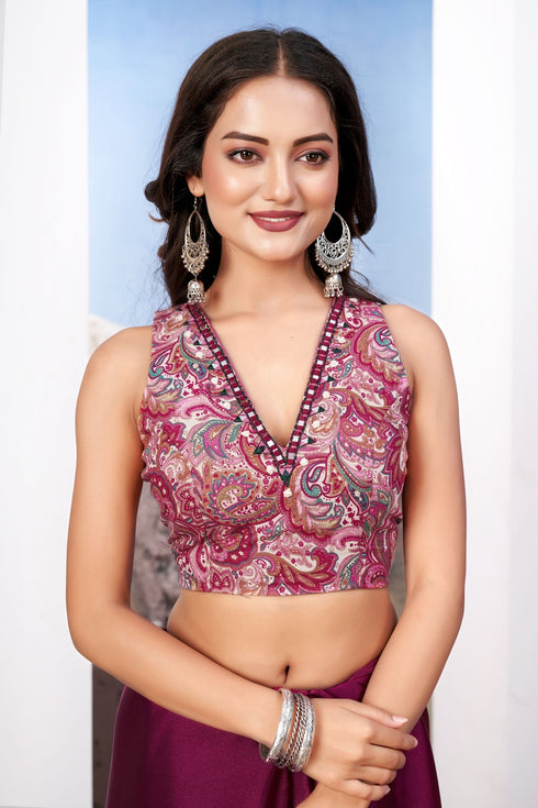 Multi Color Cotton Fabric With V neck and mirror Work Blouse