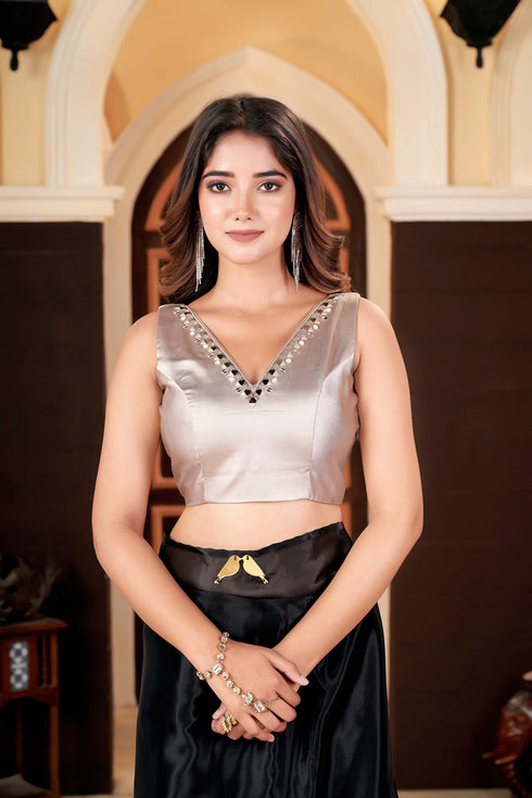 Rose Gold American Crape Blouse with Embellished Neckline