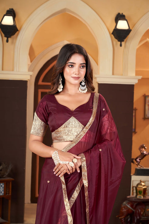 Maroon Blouse with Golden Lampi Detailing