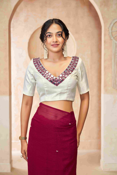 white Blouse With Red Mirror Work