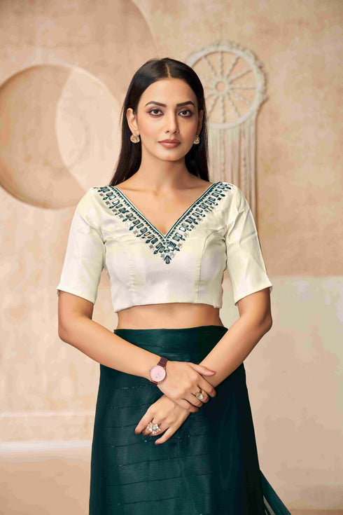 white mirror work with Dark Green Blouse