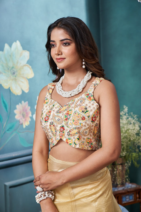 Embroidered Yellow and Multi Blouse with Pendant Tie