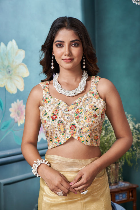 Embroidered Yellow and Multi Blouse with Pendant Tie