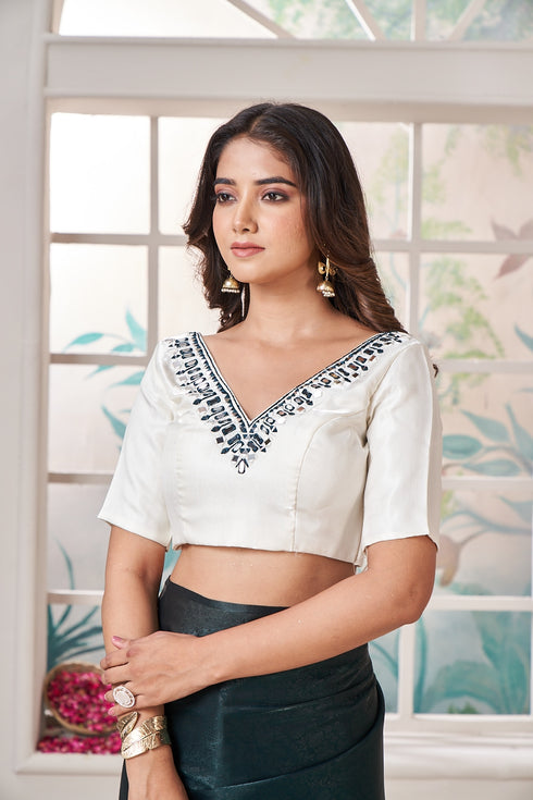 White Blouse Have Green Mirror Work