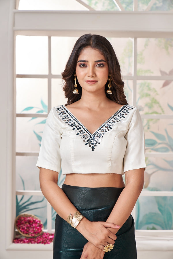 White Blouse Have Green Mirror Work