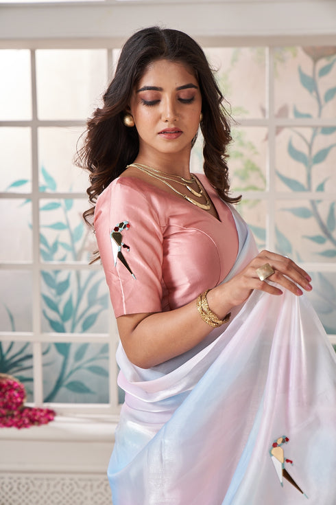 Peach Blouse Parrot Acrylic Work