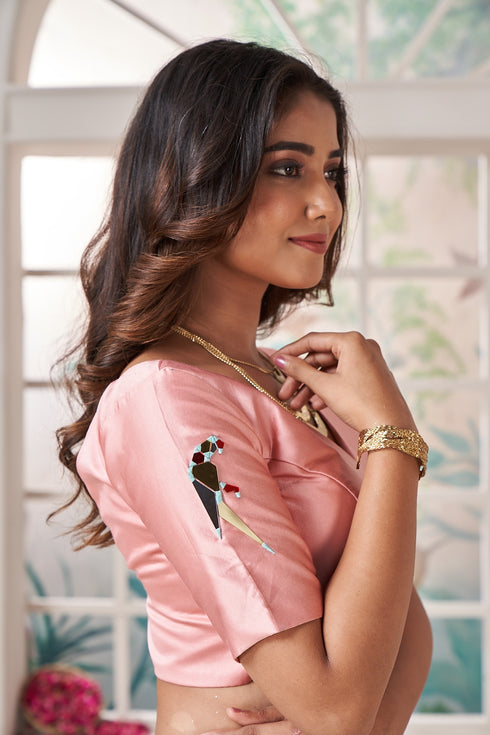 Peach Blouse Parrot Acrylic Work