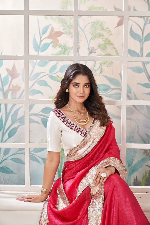 Maroon Mirror Work on White Blouse