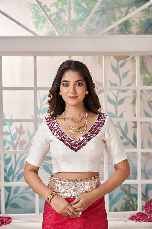 Maroon Mirror Work on White Blouse