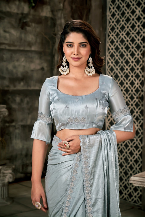 Grey Satin Silk Dimond Work Blouse