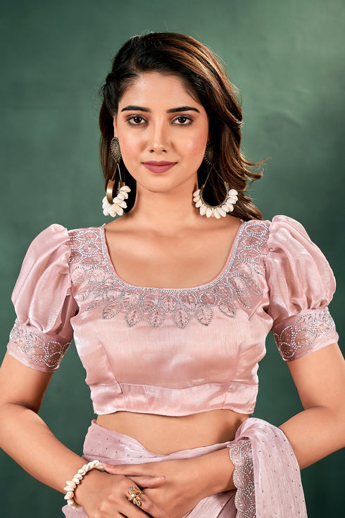 Pink Satin Silk Dimond Work Blouse