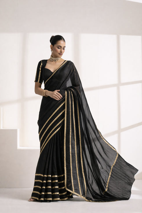 Black Pure Silk Saree with Golden Striped Border