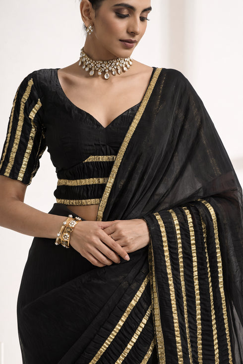 Black Pure Silk Saree with Golden Striped Border