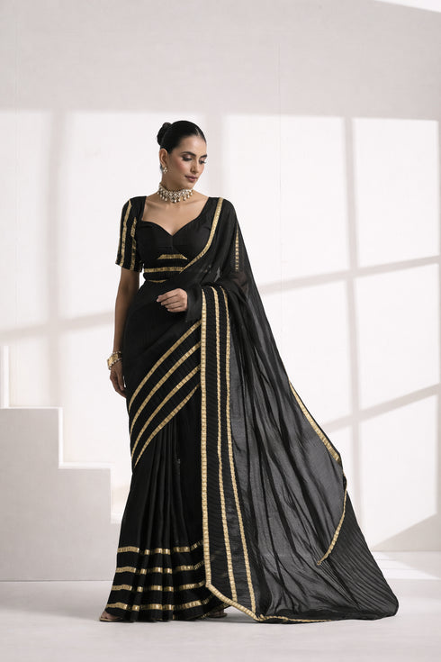 Black Pure Silk Saree with Golden Striped Border