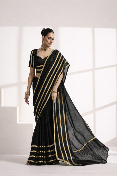 Black Pure Silk Saree with Golden Striped Border