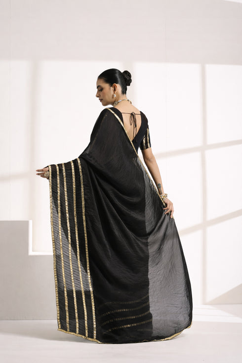 Black Pure Silk Saree with Golden Striped Border