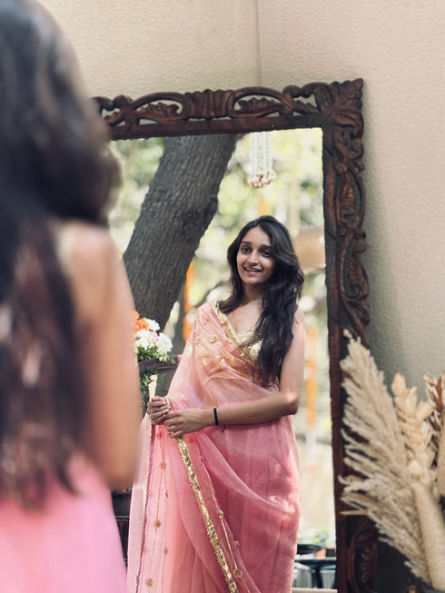 Pink Glass Tissue Organza Gotta Patti Saree