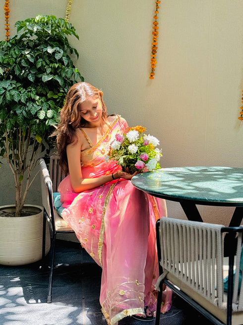 Pink Glass Tissue Organza Gotta Patti Saree