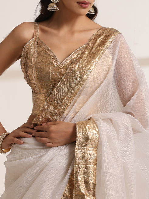 White Organza Saree with Golden Lampi Lace Border