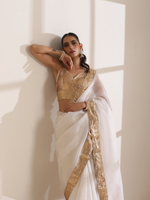 White Organza Saree with Golden Lampi Lace Border
