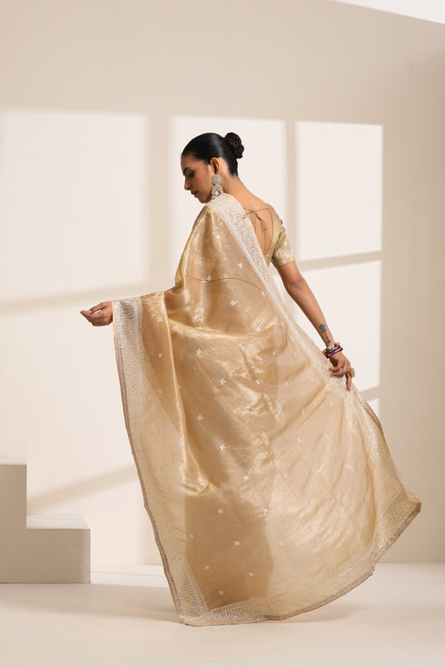 Golden Chiffon Embroidered Saree with Silver Border